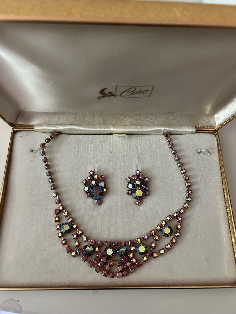 Coro Iridescent Pink & Gold Rhinestone Necklace and Clip Earrings
